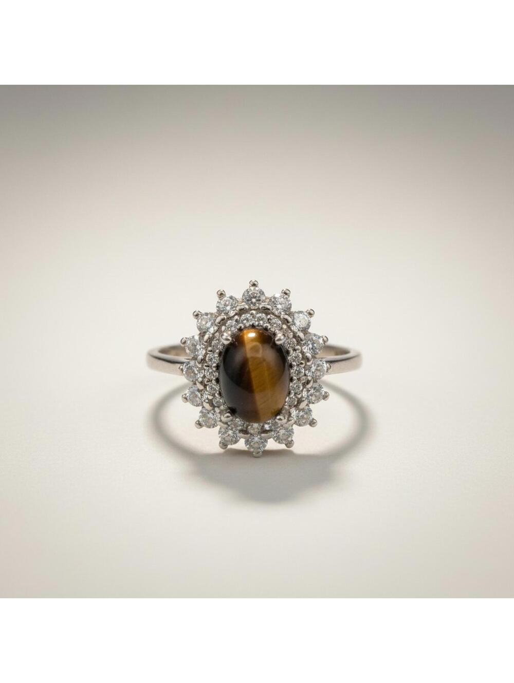 Genuine Tiger’s Eye & CZ Halo Ring 925 Sterling Silver – Size 9.5